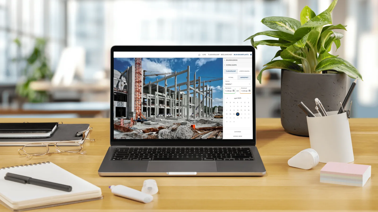 The BauTV+ portal on a laptop: time-lapse view and downloads of the construction site