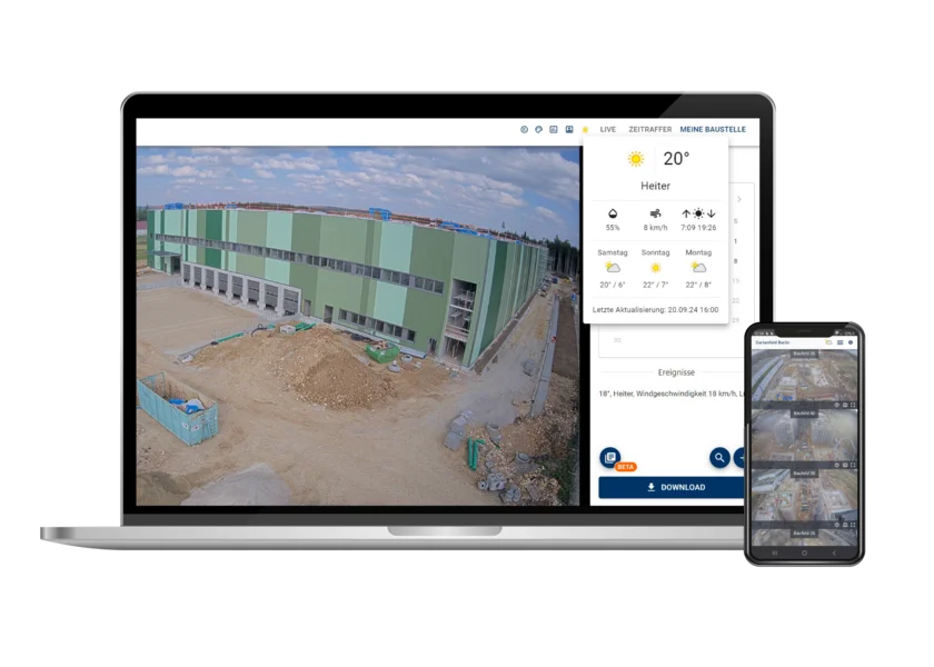 Webportal BauTV+ am Laptop und Smartphone - Zeitraffer-Kamera für Ihre Baustelle